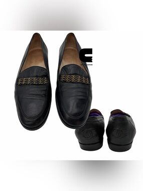 Vintage Chanel Classic Leather CC Chain Slip On Loafers - Size 38 1/2